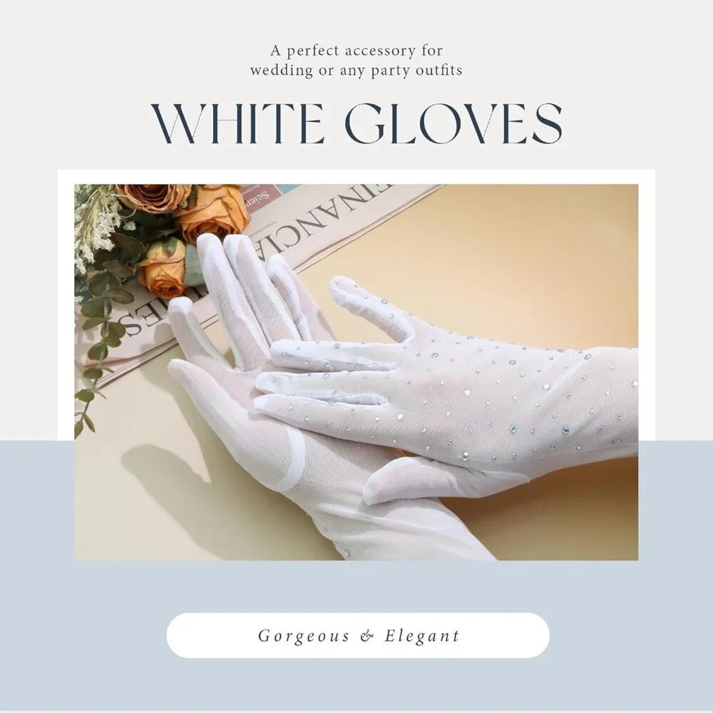 Women's Rhinestone Sparkly Mesh Sheer Gloves White Long Elbow Length Party Prom